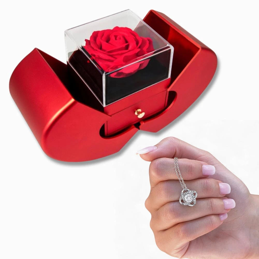 14K White Gold Love Knot Necklace With Red Heart Rose Box For Her Display