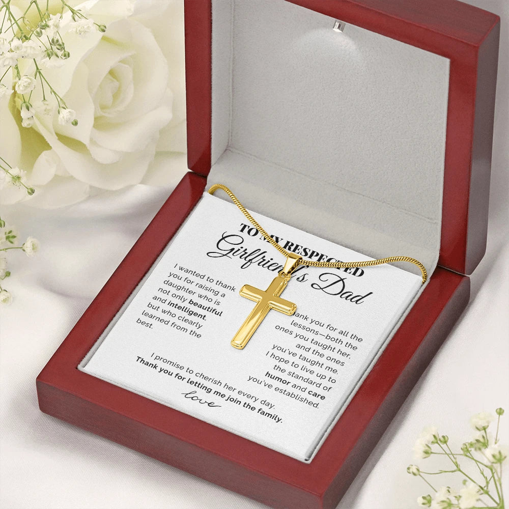 To My Girlfriend's Dad 18K Yellow Gold Artisan Cross Necklace with Snake Chain From Boyfriend Cherish Her Message Card Luxury Box
