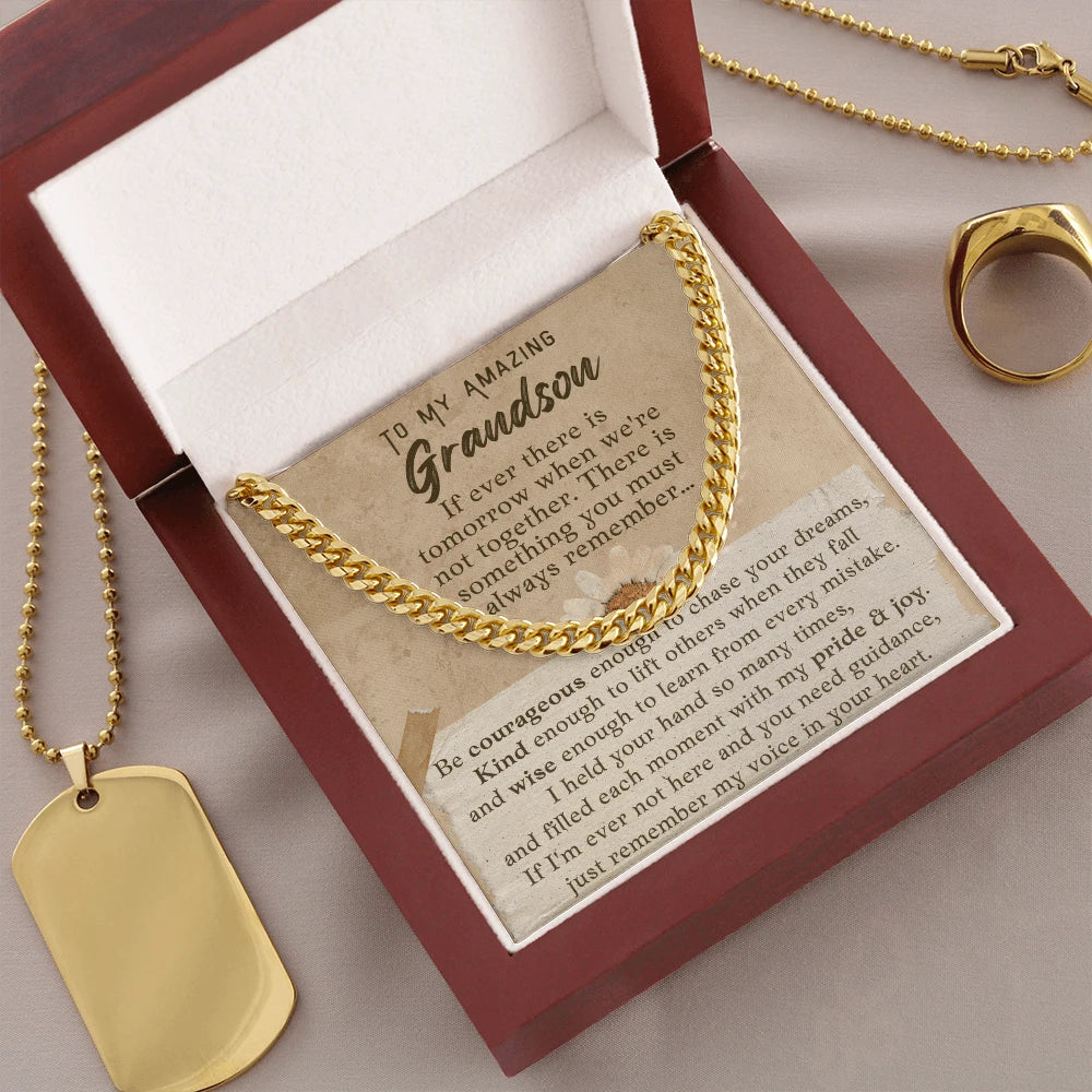 To My Grandson 18K Yellow Gold Cuban Link Chain From Grandparents Pure and Joy Message Card Luxury Box