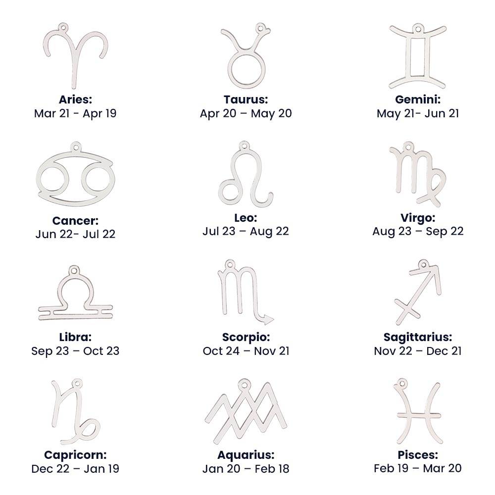 12 polished stainless steel zodiac sign necklaces