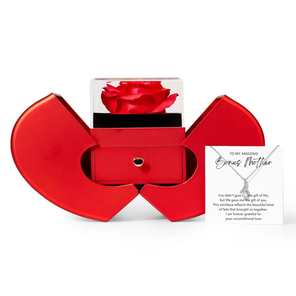 14K White Gold Alluring Beauty Necklace With Red Heart Box For Bonus Mom - Forever Grateful Message Card Jewelry