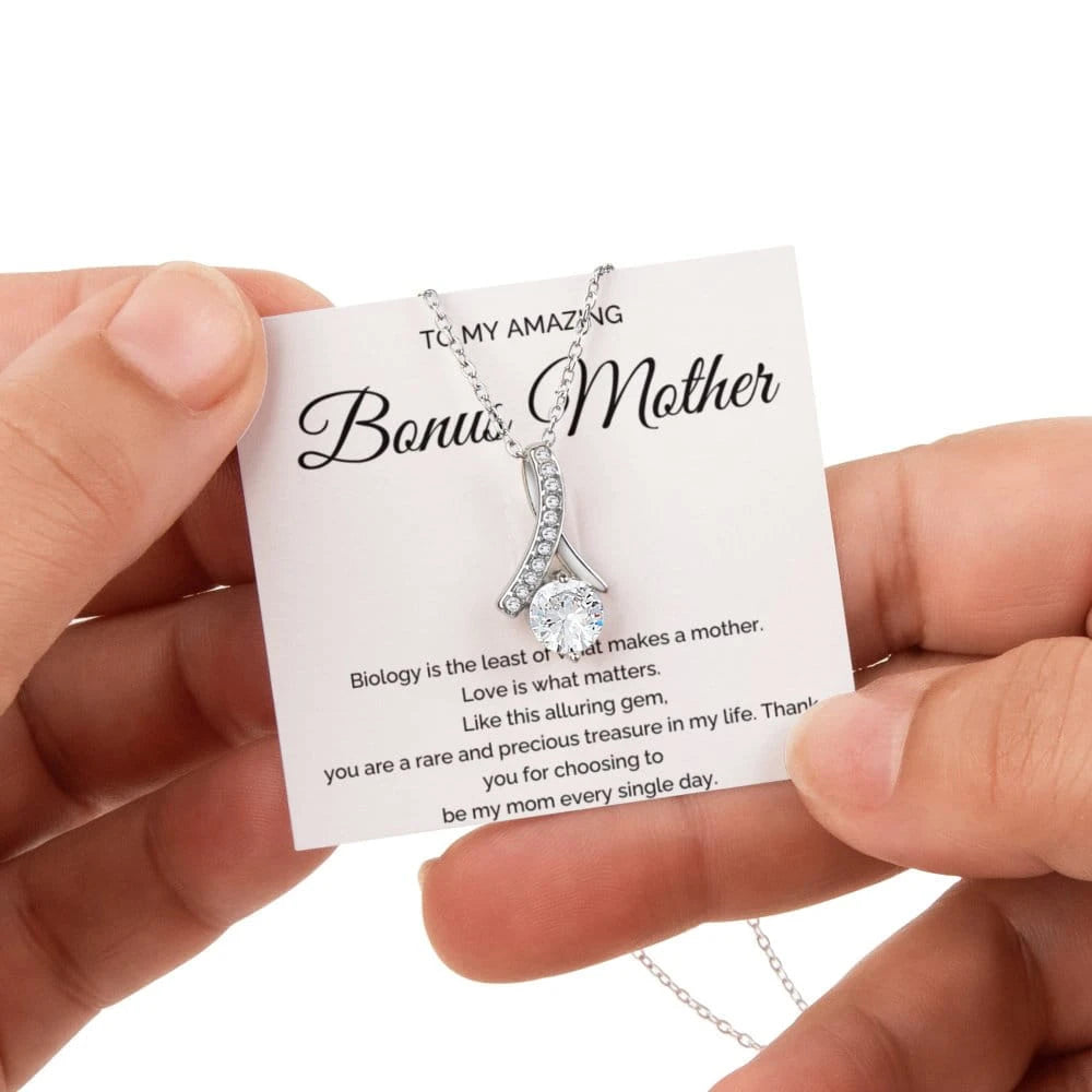 14K White Gold Alluring Beauty Necklace With Rotating Rose Gift Box For Bonus Mom - Be My Mom Message Card Jewelry