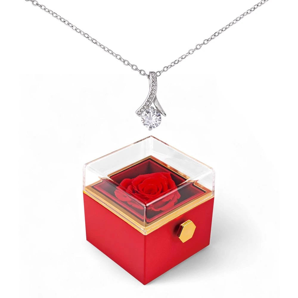 14K White Gold Alluring Beauty Necklace With Rotating Rose Gift Box For Her