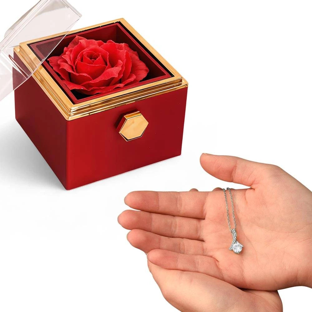 14K White Gold Alluring Beauty Necklace With Rotating Rose Gift Box For Her Display