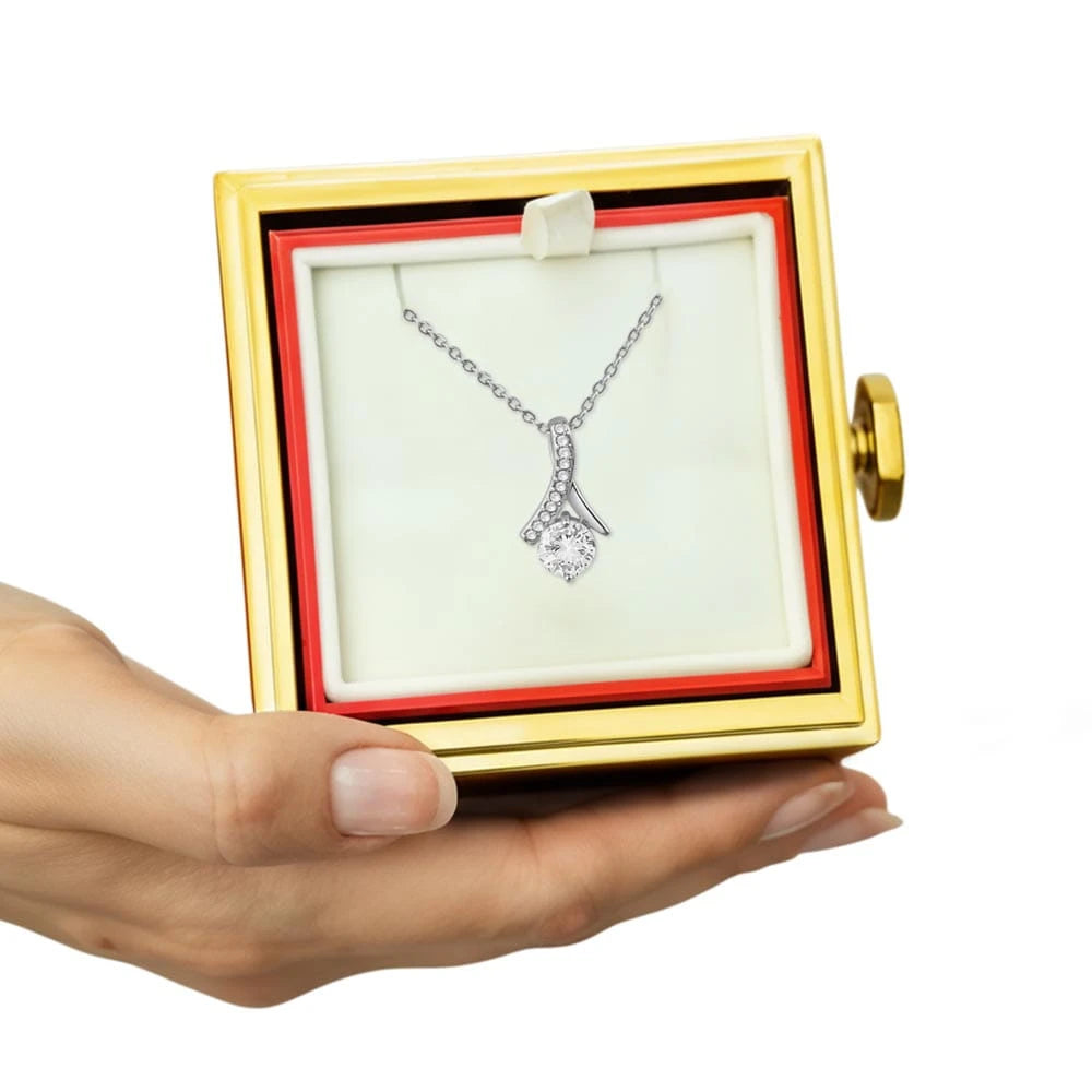 14K White Gold Alluring Beauty Necklace With Rotating Rose Gift Box For Her Display In Hands