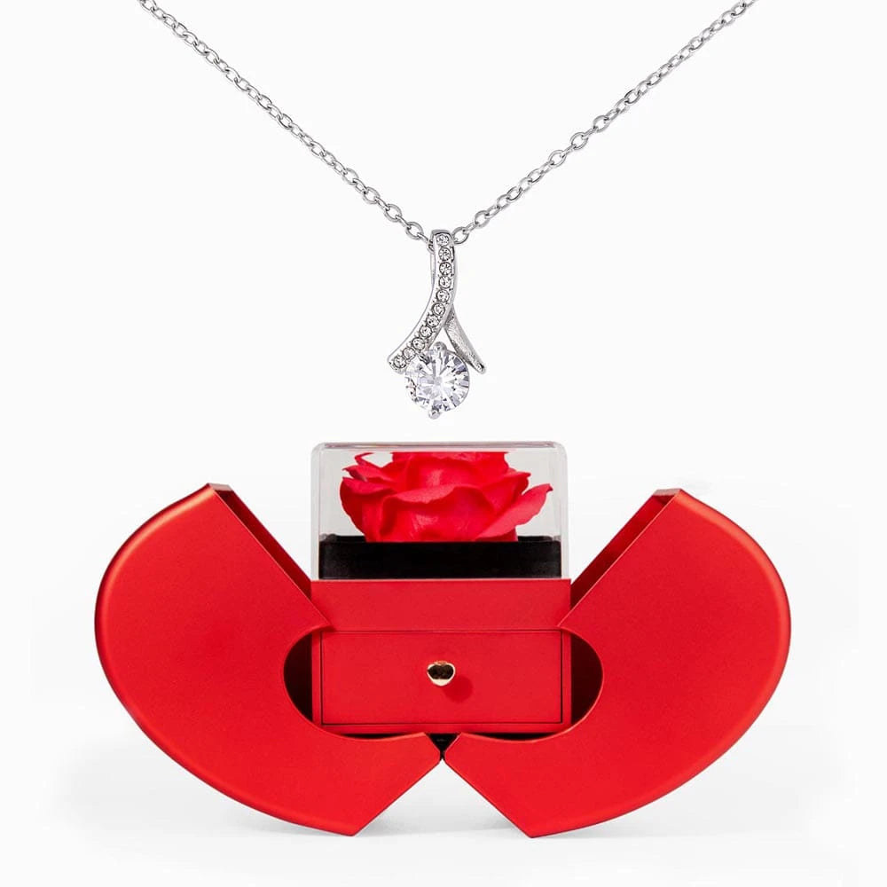 14K White Gold Alluring Beauty Necklace with Red Heart Rose Box For Her