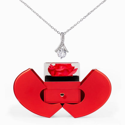 14K White Gold Alluring Beauty Necklace with Red Heart Rose Box For Her
