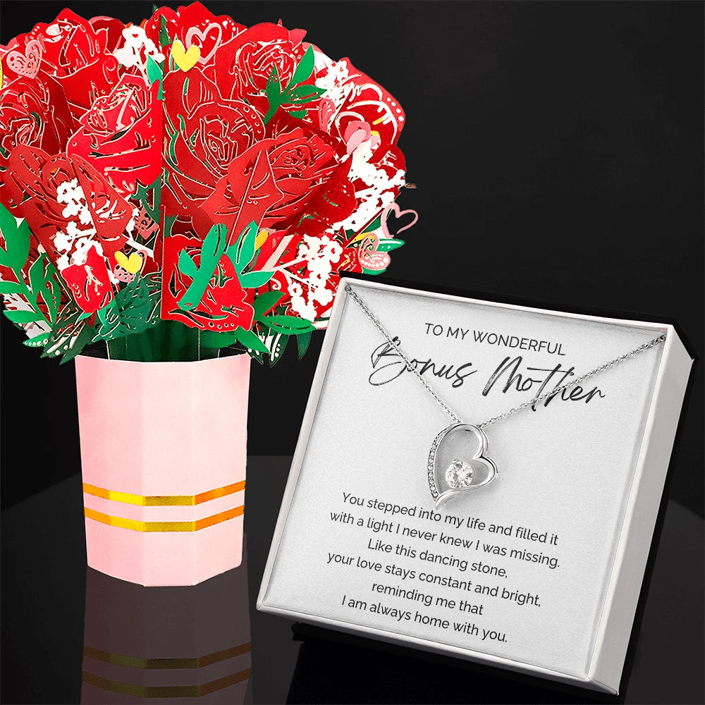 14K White Gold Forever Love Necklace Sweetest Devotion Flower Bouquet Bundle With Standard Box For My Bonus Mom Your Love Message Card Jewelry