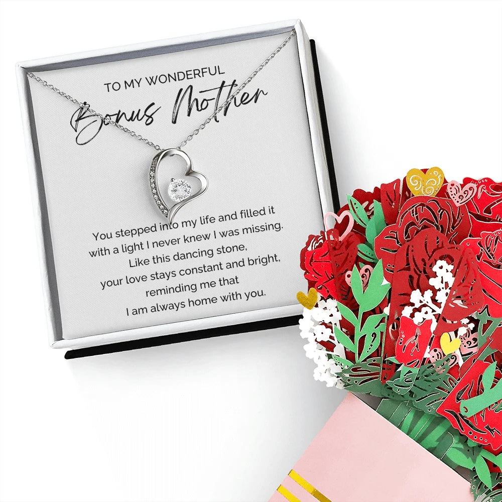 14K White Gold Forever Love Necklace Sweetest Devotion Flower Bouquet Bundle With Standard Box For My Bonus Mom Your Love Message Card Jewelry Display