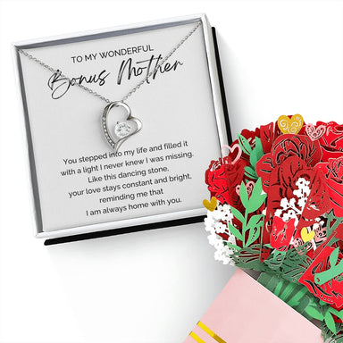 14K White Gold Forever Love Necklace Sweetest Devotion Flower Bouquet Bundle With Standard Box For My Bonus Mom Your Love Message Card Jewelry Display