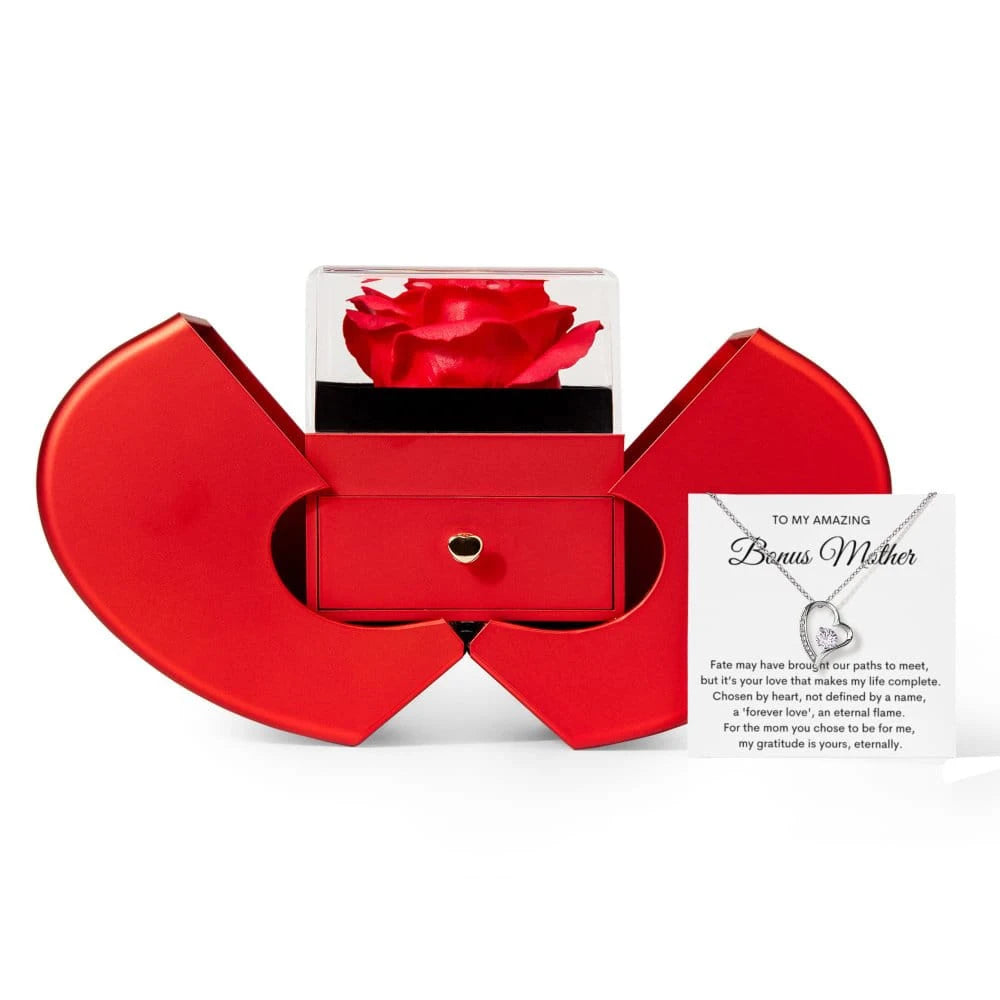 14K White Gold Forever Love Necklace With Red Heart Rose Box For Bonus Mom - Forever Love Message Card Jewelry