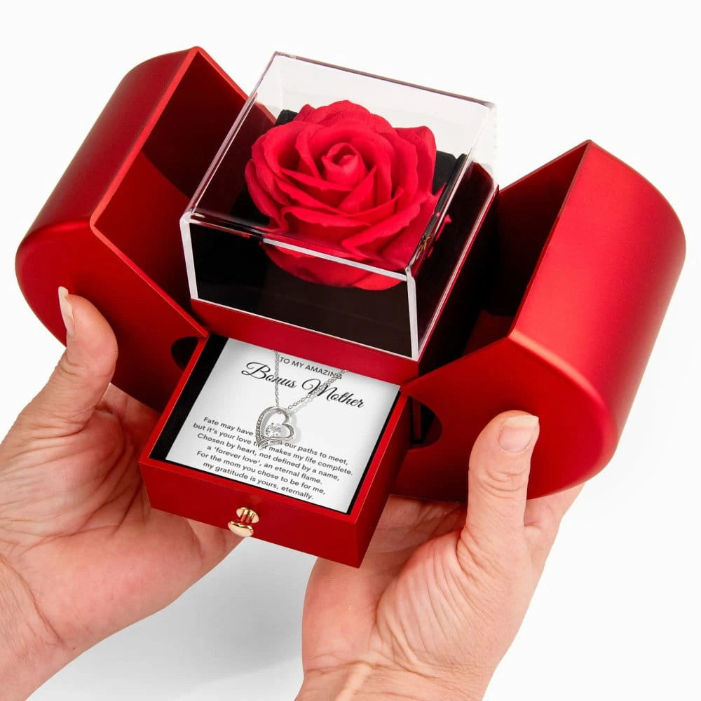 14K White Gold Forever Love Necklace With Red Heart Rose Box For Bonus Mom - Forever Love Message Card Jewelry Display