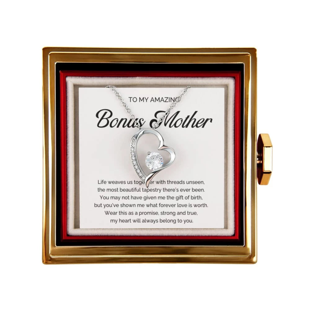 14K White Gold Forever Love Necklace With Rotating Rose Gift Box For Bonus Mom - A Promise