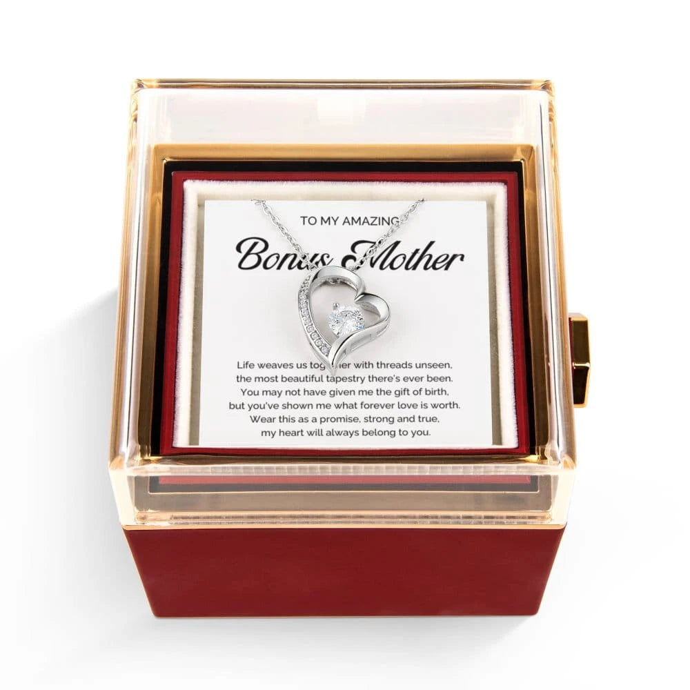 14K White Gold Forever Love Necklace With Rotating Rose Gift Box For Bonus Mom - A Promise Display