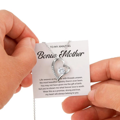 14K White Gold Forever Love Necklace With Rotating Rose Gift Box For Bonus Mom - A Promise Message Card Jewelry