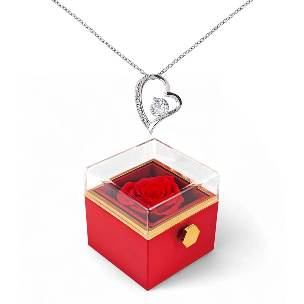 14K White Gold Forever Love Necklace With Rotating Rose Gift Box For Her