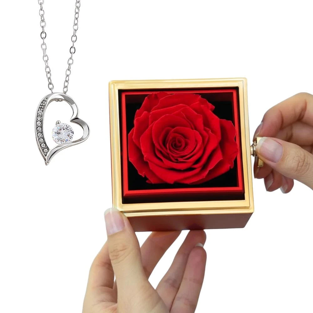 14K White Gold Forever Love Necklace With Rotating Rose Gift Box For Her Display