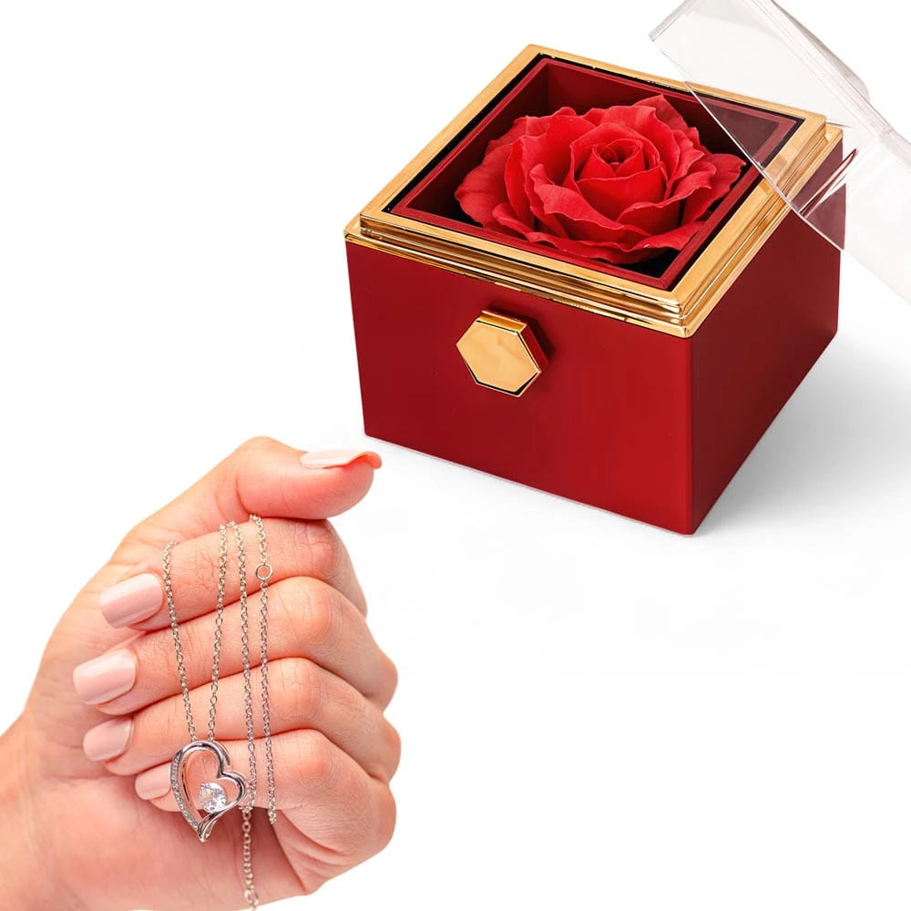 14K White Gold Forever Love Necklace With Rotating Rose Gift Box For Her Display In Hand