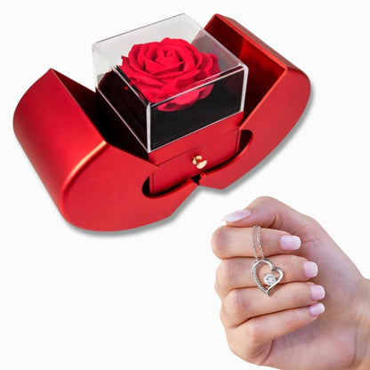 14K White Gold Forever Love Necklace with Red Heart Rose Box For Her Display