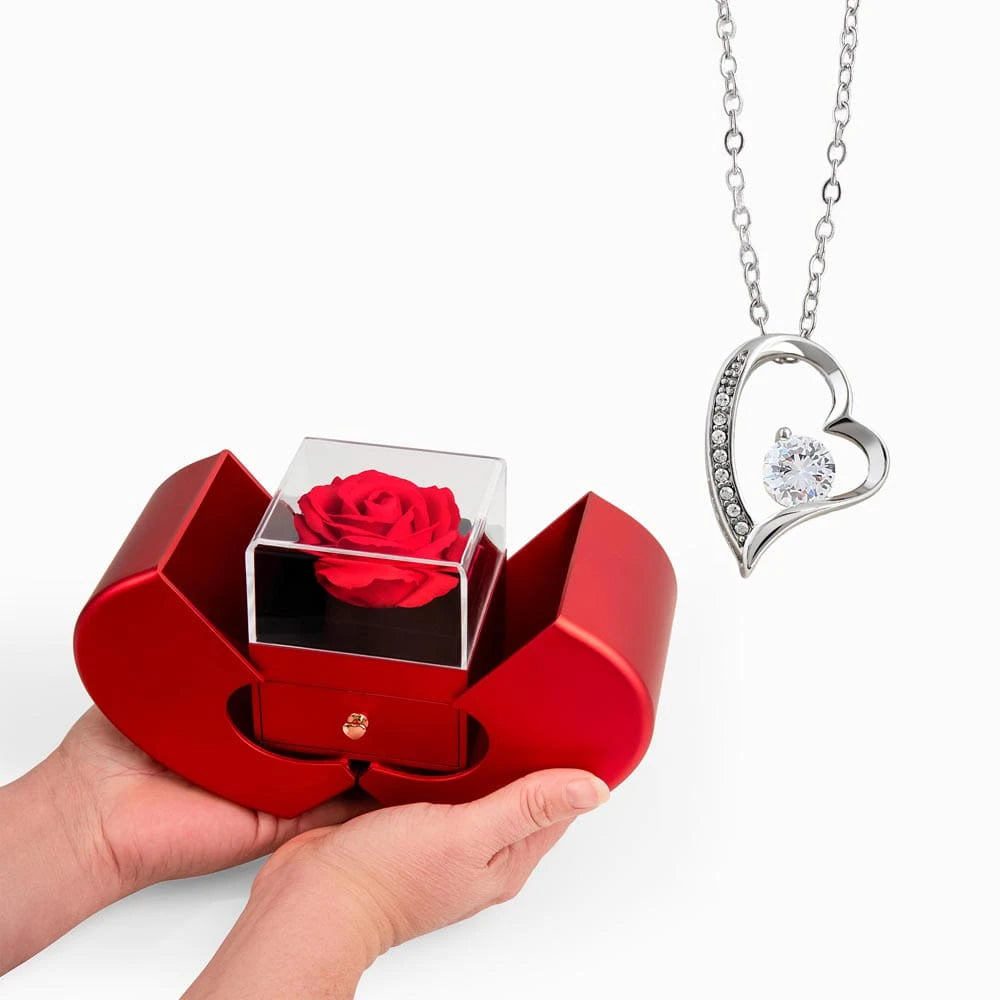 14K White Gold Forever Love Necklace with Red Heart Rose Box For Her Display In Hand