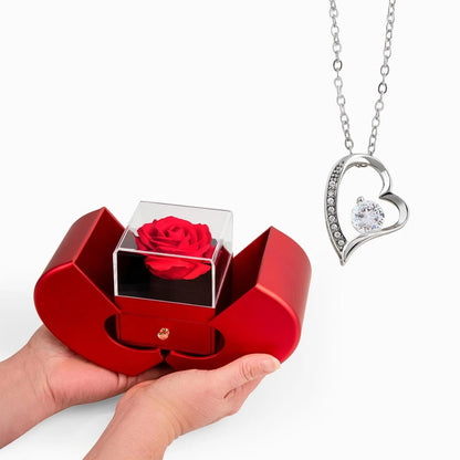 14K White Gold Forever Love Necklace with Red Heart Rose Box For Her Display In Hand