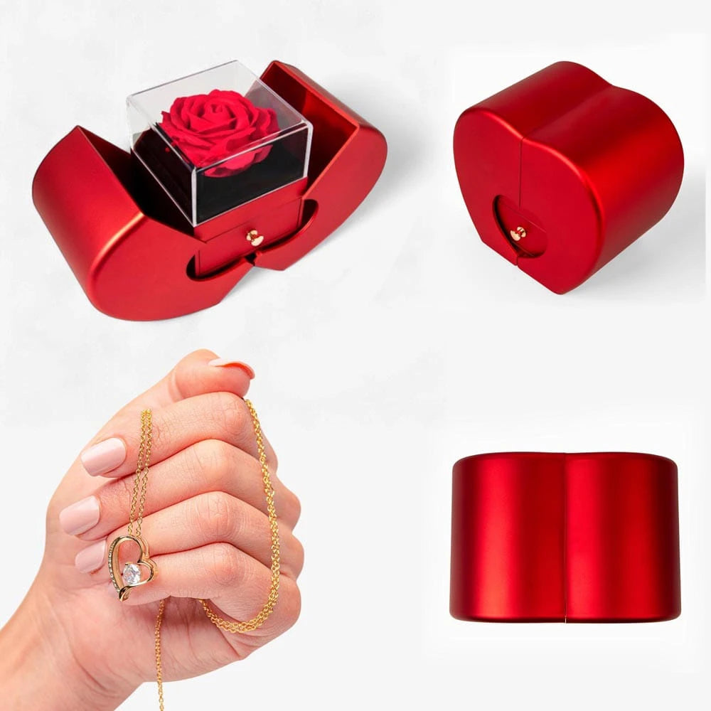 14K White Gold Forever Love Necklace with Red Heart Rose Box For Her Display Set