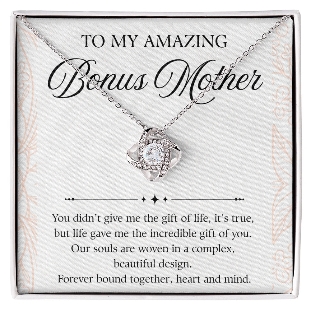 14K White Gold Love Knot Necklace Sweetest Devotion Flower Bouquet Bundle For My Bonus Mom - Forever Bond Message Card Jewelry