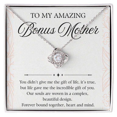14K White Gold Love Knot Necklace Sweetest Devotion Flower Bouquet Bundle For My Bonus Mom - Forever Bond Message Card Jewelry