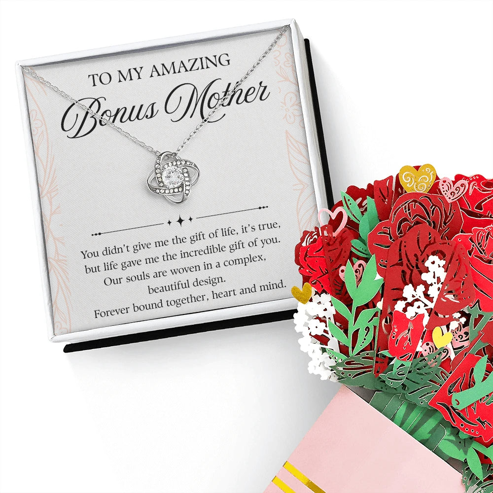 14K White Gold Love Knot Necklace Sweetest Devotion Flower Bouquet Bundle With Standard Box For My Bonus Mom - Forever Bond Message Card Jewelry