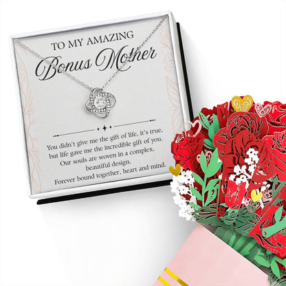 14K White Gold Love Knot Necklace Sweetest Devotion Flower Bouquet Bundle With Standard Box For My Bonus Mom - Forever Bond Message Card Jewelry