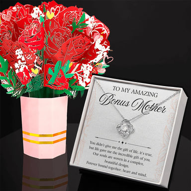 14K White Gold Love Knot Necklace Sweetest Devotion Flower Bouquet Bundle With Standard Box For My Bonus Mom - Forever Bond Message Card Jewelry Display