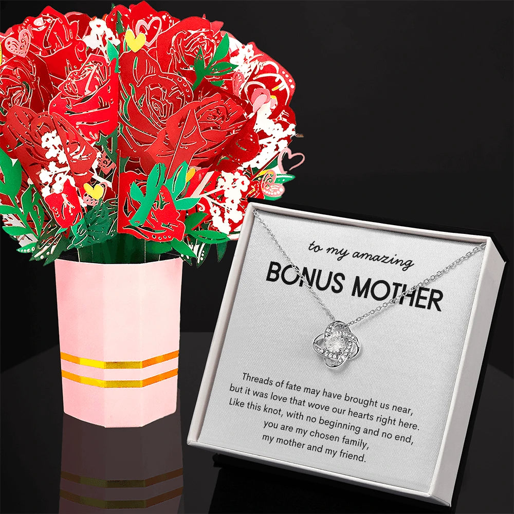 14K White Gold Love Knot Necklace Sweetest Devotion Flower Bouquet Bundle With Standard Box For My Bonus Mom My Chosen Family Message Card Jewelry Display