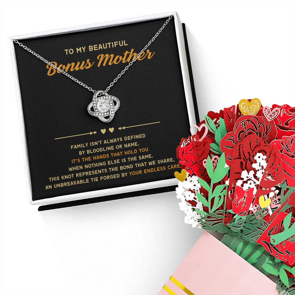 14K White Gold Love Knot Necklace Sweetest Devotion Flower Bouquet Bundle With Standard Box For My Bonus Mom Your Endless Care Message Card Jewelry