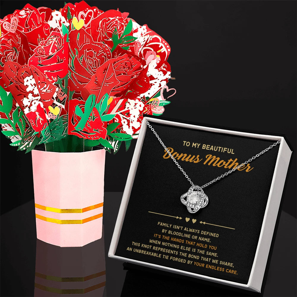 14K White Gold Love Knot Necklace Sweetest Devotion Flower Bouquet Bundle With Standard Box For My Bonus Mom Your Endless Care Message Card Jewelry Display