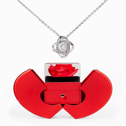14K White Gold Love Knot Necklace With Red Heart Rose Box For Her