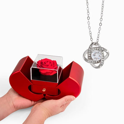 14K White Gold Love Knot Necklace With Red Heart Rose Box For Her Display In Hand