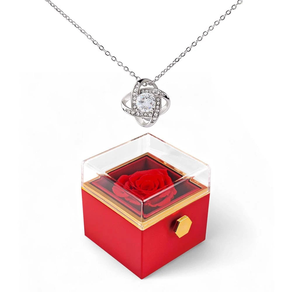 14K White Gold Love Knot Necklace With Rotating Rose Gift Box For Her