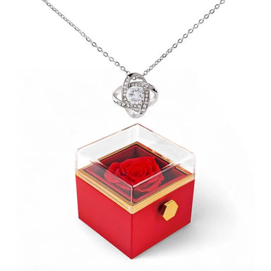 14K White Gold Love Knot Necklace With Rotating Rose Gift Box For Her