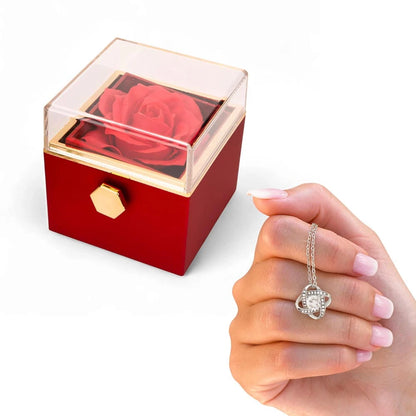14K White Gold Love Knot Necklace With Rotating Rose Gift Box For Her Display In Hand