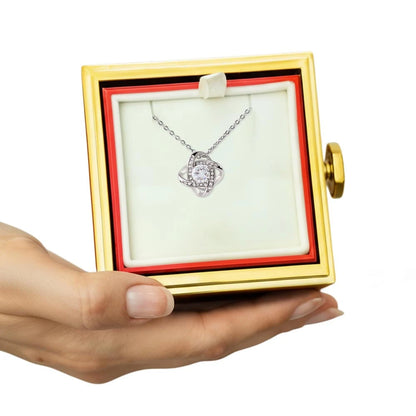 14K White Gold Love Knot Necklace With Rotating Rose Gift Box For Her Display In Hands