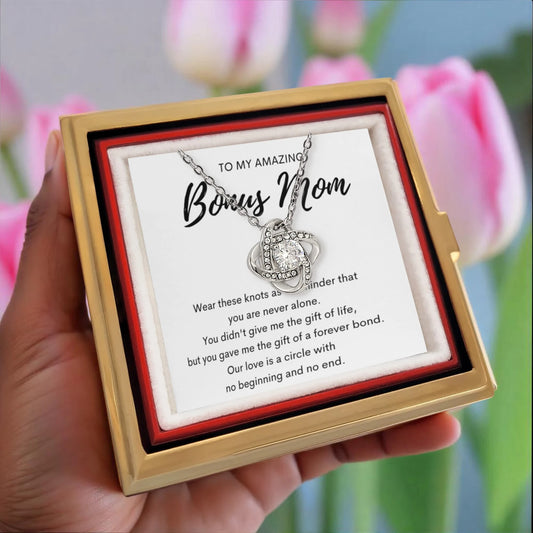 14K White Gold Love Knot Necklace With Rotating Rose Gift Box For My Bonus Mom - Forever Bond