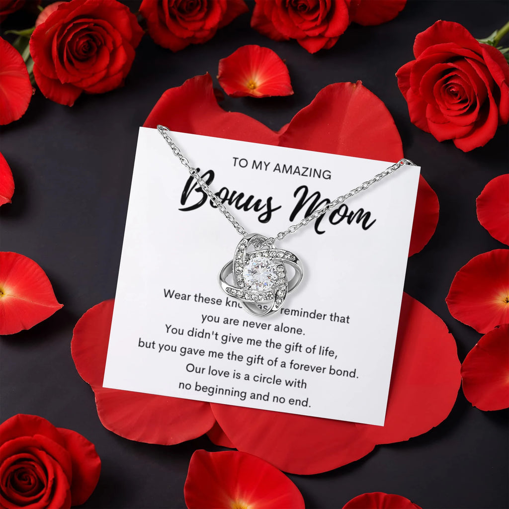 14K White Gold Love Knot Necklace With Rotating Rose Gift Box For My Bonus Mom - Forever Bond - Message Card Jewelry