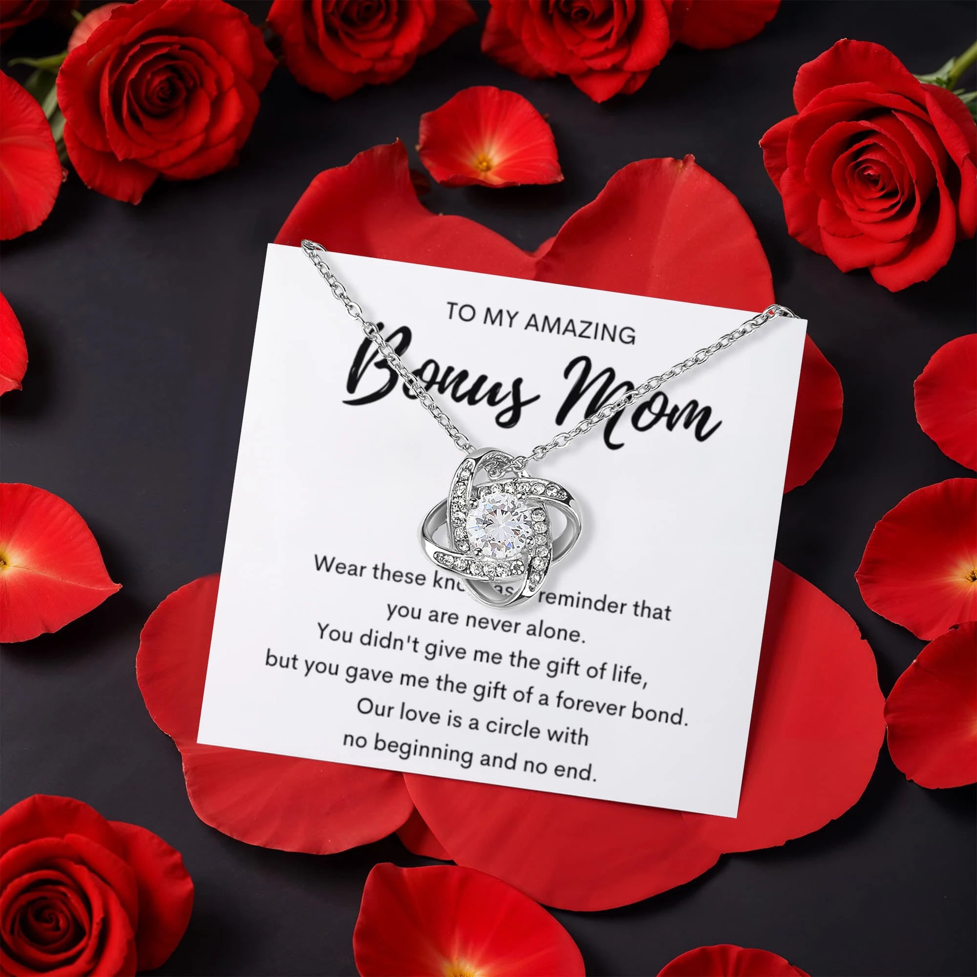 14K White Gold Love Knot Necklace With Rotating Rose Gift Box For My Bonus Mom - Forever Bond - Message Card Jewelry