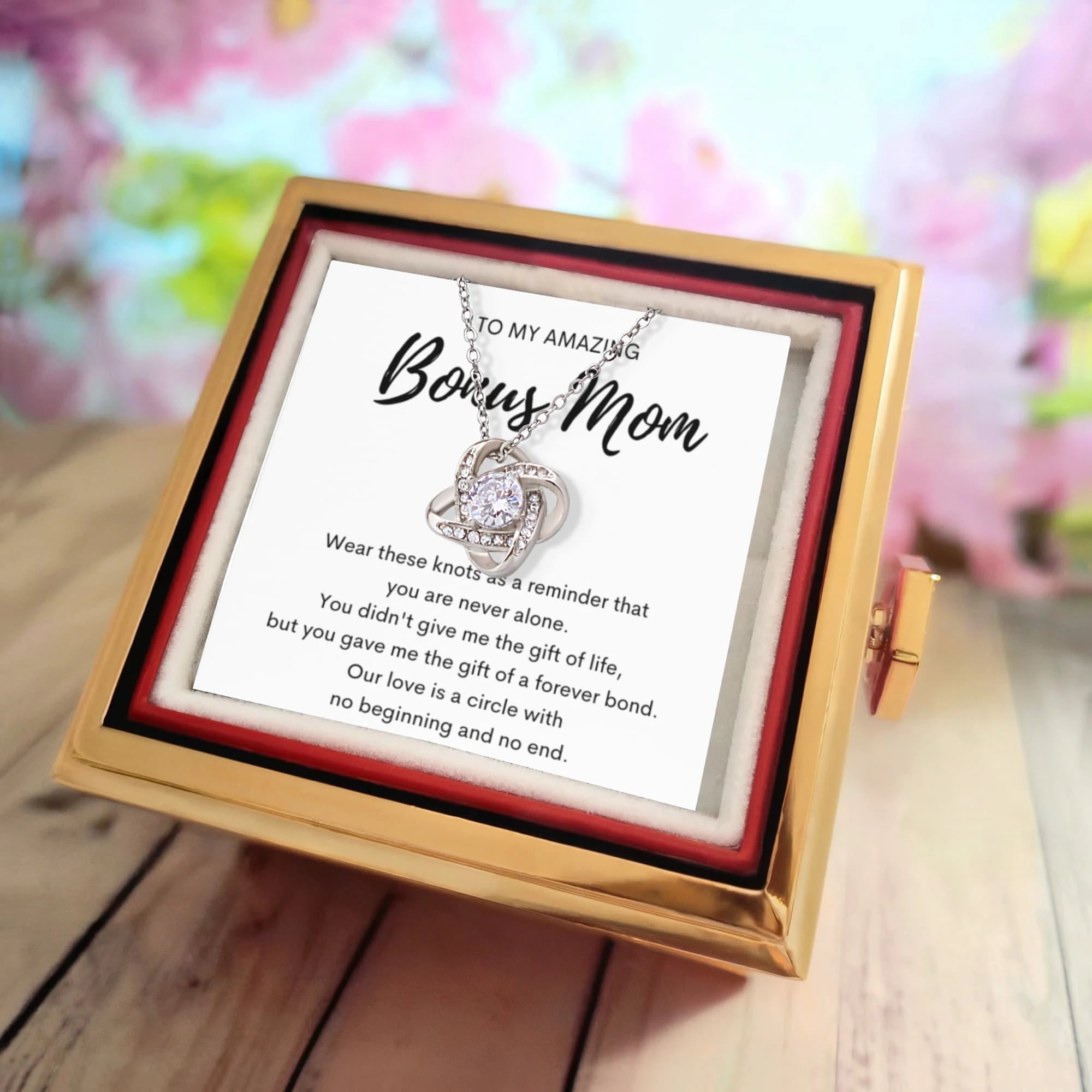 14K White Gold Love Knot Necklace With Rotating Rose Gift Box For My Bonus Mom - Forever Bond - Message Card Jewelry Display