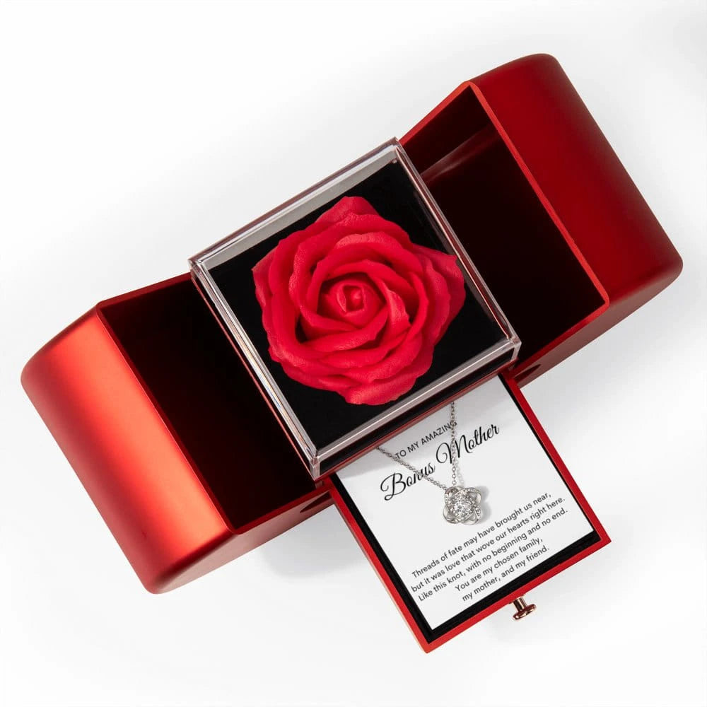 14K White Gold Love knot Necklace With Red Heart Rose Box For Bonus Mom - My Mother Message Card Jewelry