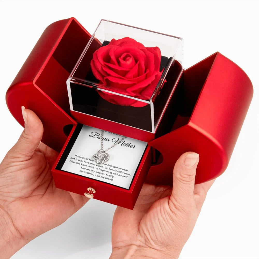 14K White Gold Love knot Necklace With Red Heart Rose Box For Bonus Mom - My Mother Message Card Jewelry Display