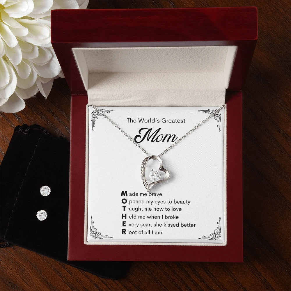 14k White Gold Forever Love Necklace and Cubic Zirconia Earring Set Message Card Jewelry for Mom Luxury Box Mother's Day
