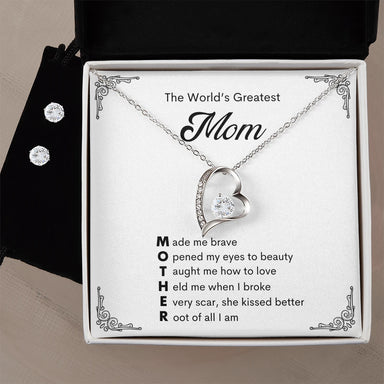 14k White Gold Forever Love Necklace and Cubic Zirconia Earring Set Message Card Jewelry for Mom Standard Box Mothers Day