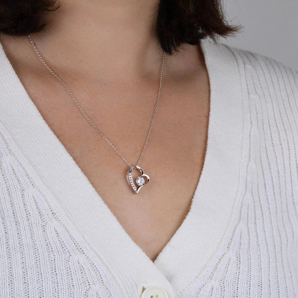 14k White Gold Forever Love Necklace for Mom Mother's Day Gift Message Card Jewelry Showcase On the Neck