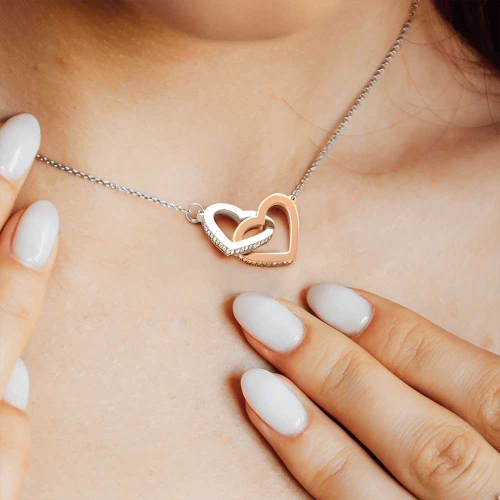14k White Gold Interlocking Hearts Necklace for My Granddaughter I Love You Message Card Jewelry Showcase On Neck